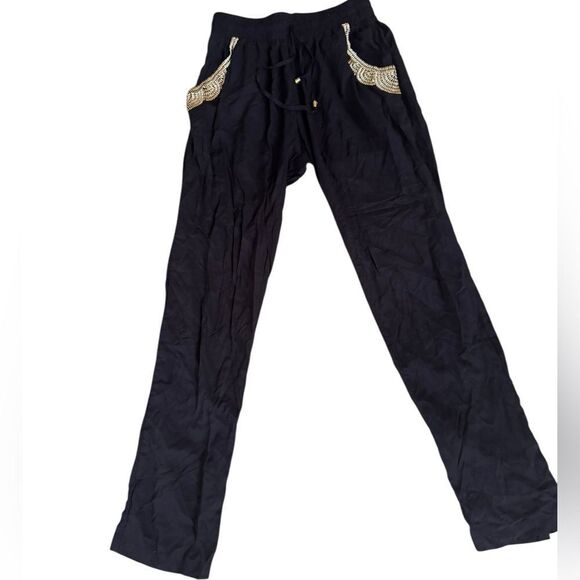 Ava Sky Black Rayon Pants Gold studded trim pockets one size NWT - Picture 1 of 6